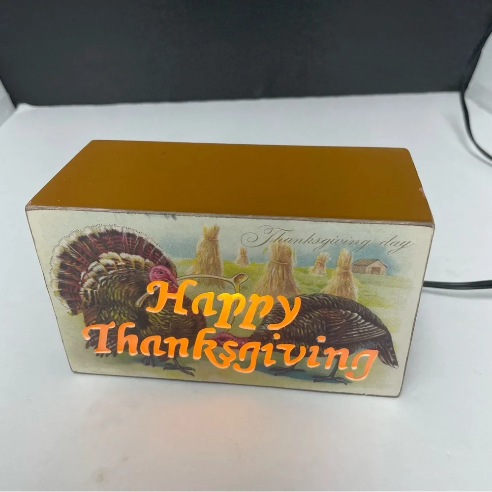 Happy Thanksgiving Light-Up wooden box with cord and switch Holidays decoration